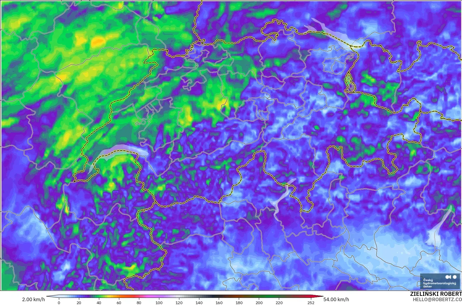 ALADIN CZ 2.3 km modelo - Suiza, Ráfagas de viento