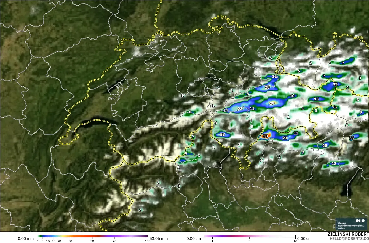 ALADIN CZ 2.3 km modelo - Suiza, Precipitación, nubes y presión