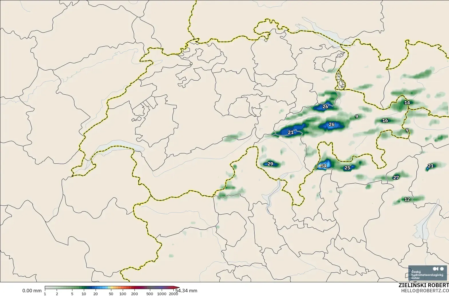 ALADIN CZ 2.3 km modelo - Suiza, Acumulación de precipitación