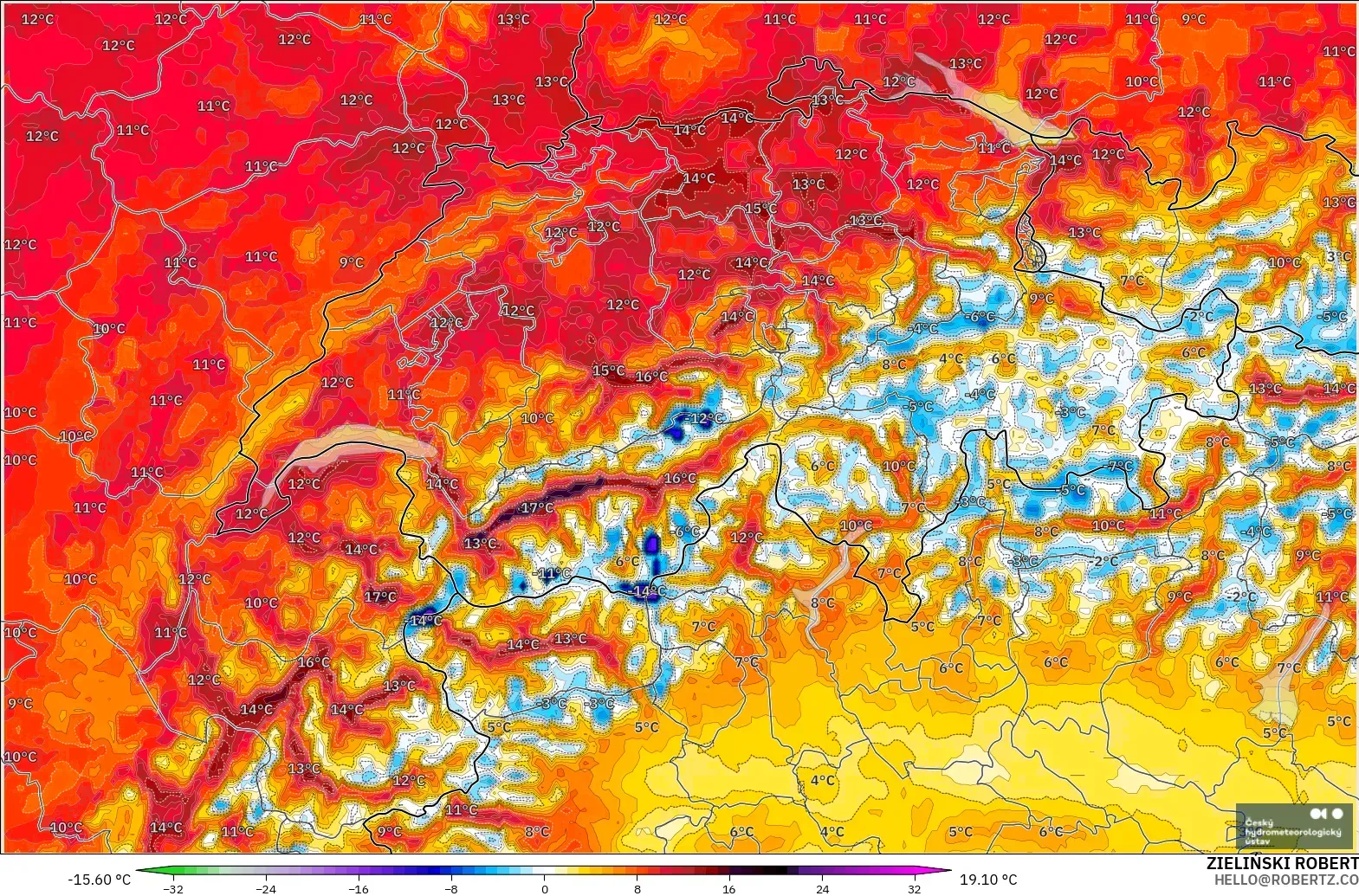 ALADIN CZ 2.3 km modelo - Suiza, Anomalía de temperatura a 2 m