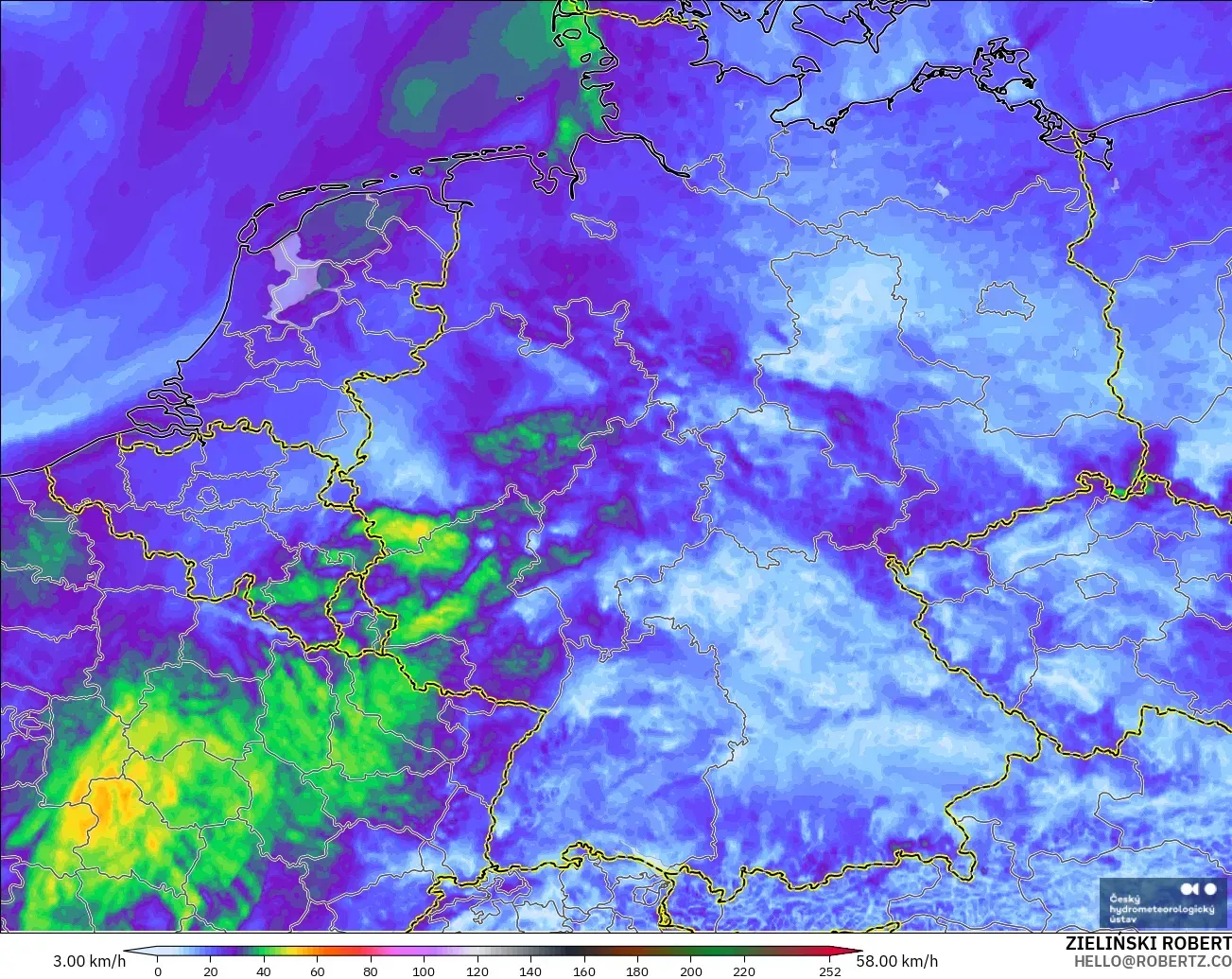 ALADIN CZ 2.3 km modelo - Alemania, Ráfagas de viento