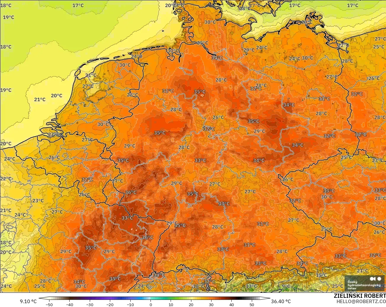 ALADIN CZ 2.3 km modelo - Alemania, Temperatura a 2 m