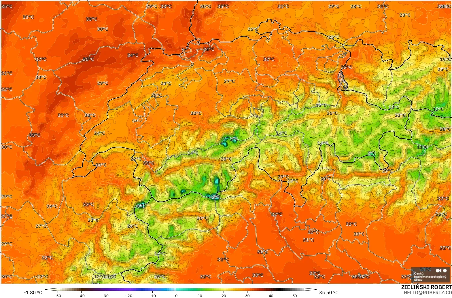ALADIN CZ 2.3 km modelo - Suiza, Temperatura a 2 m