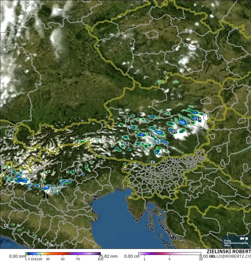 ALADIN CZ 2.3 km modelo - Austria, Precipitación, nubes y presión