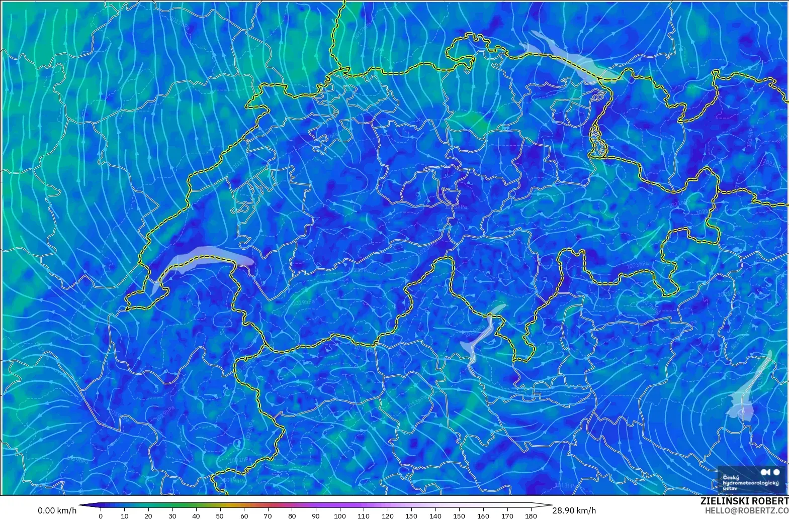 ALADIN CZ 2.3 km modelo - Suiza, Viento a 10 m