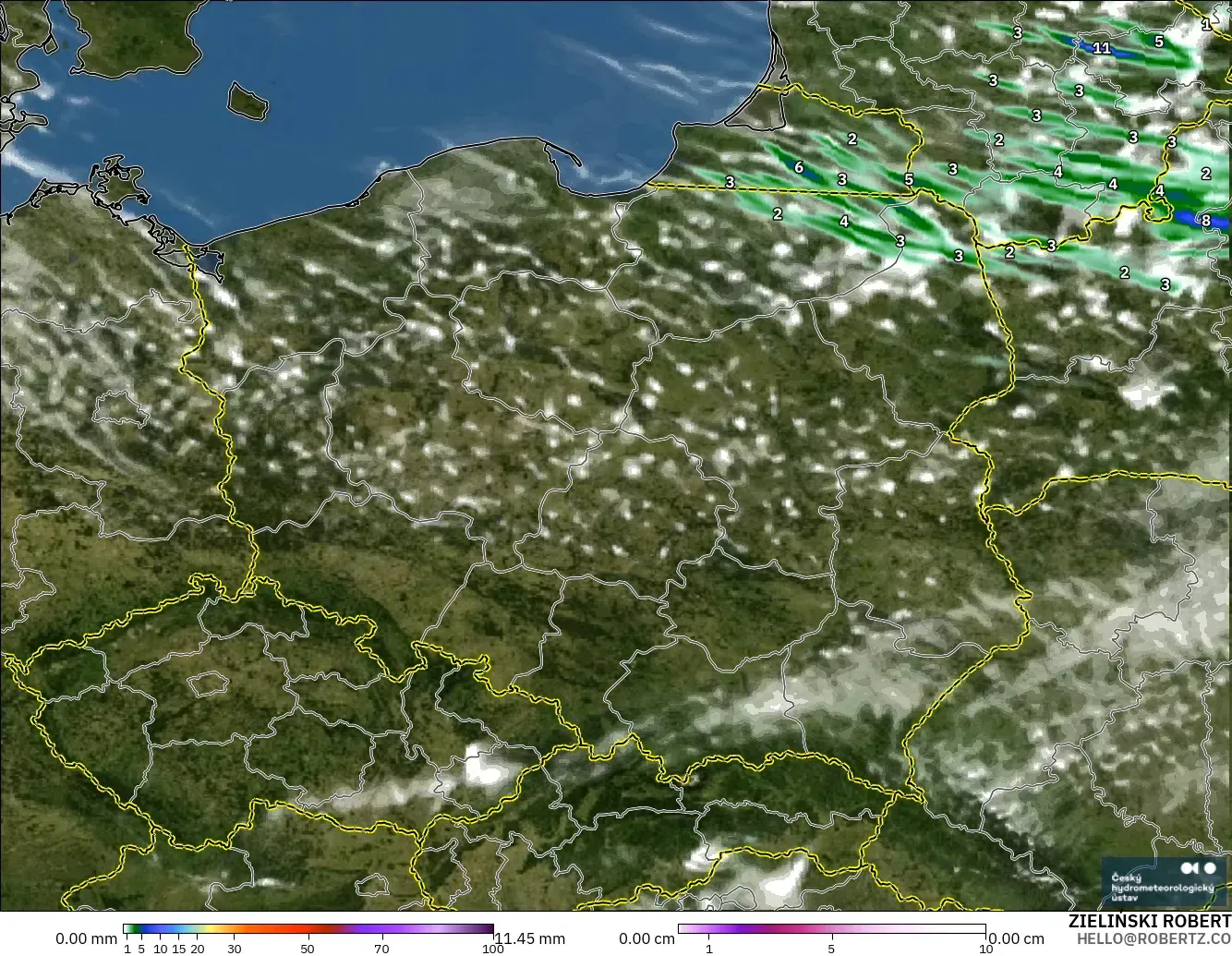ALADIN CZ 2.3 km modelo - Polonia, Precipitación, nubes y presión