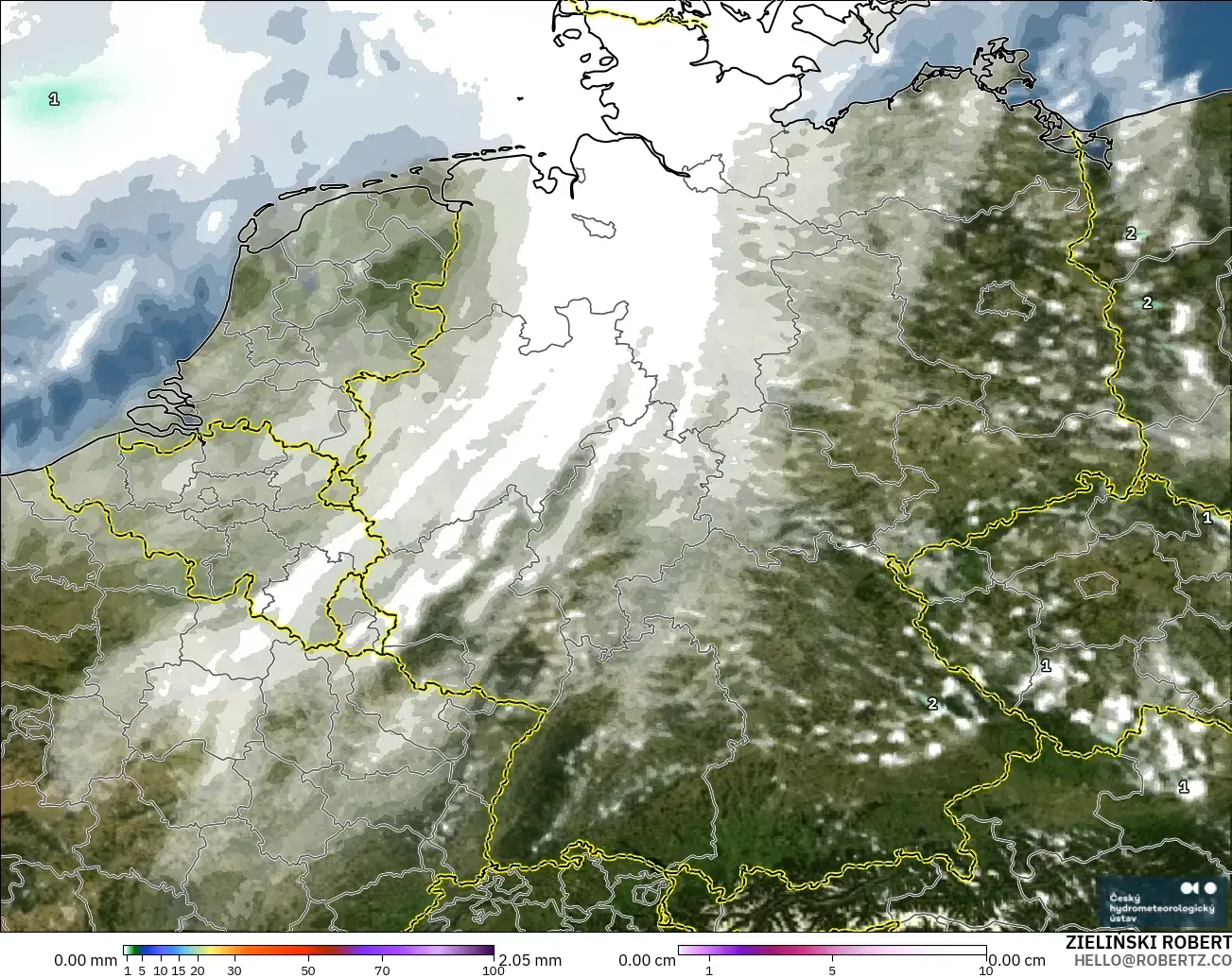 ALADIN CZ 2.3 km modelo - Alemania, Precipitación, nubes y presión