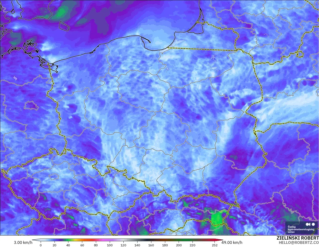 ALADIN CZ 2.3 km modelo - Polonia, Ráfagas de viento