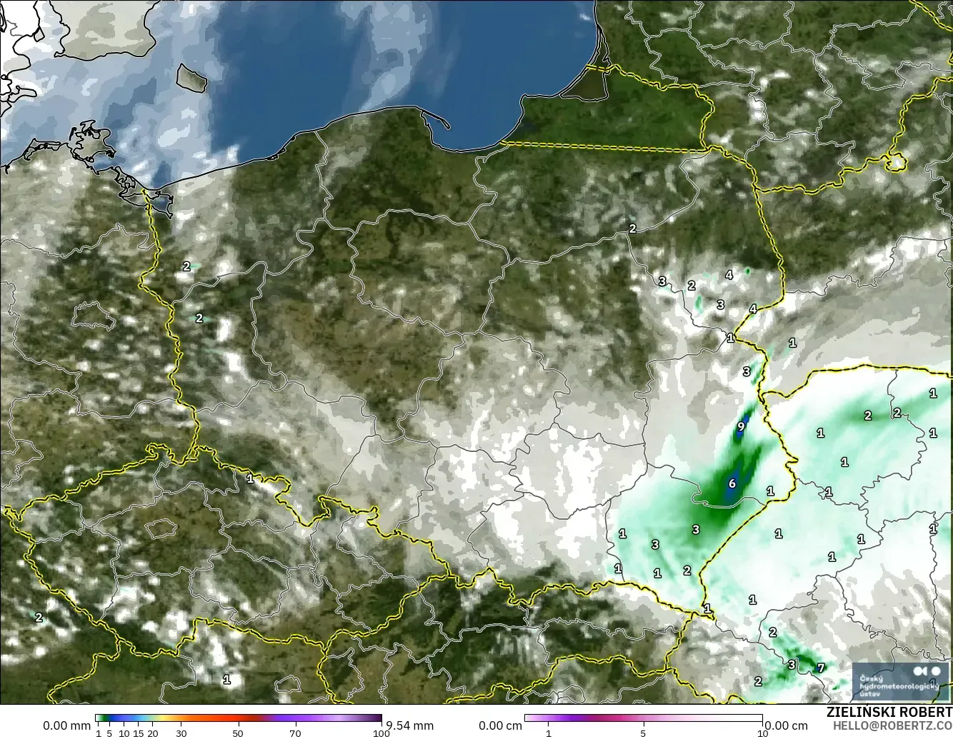 ALADIN CZ 2.3 km modelo - Polonia, Precipitación, nubes y presión