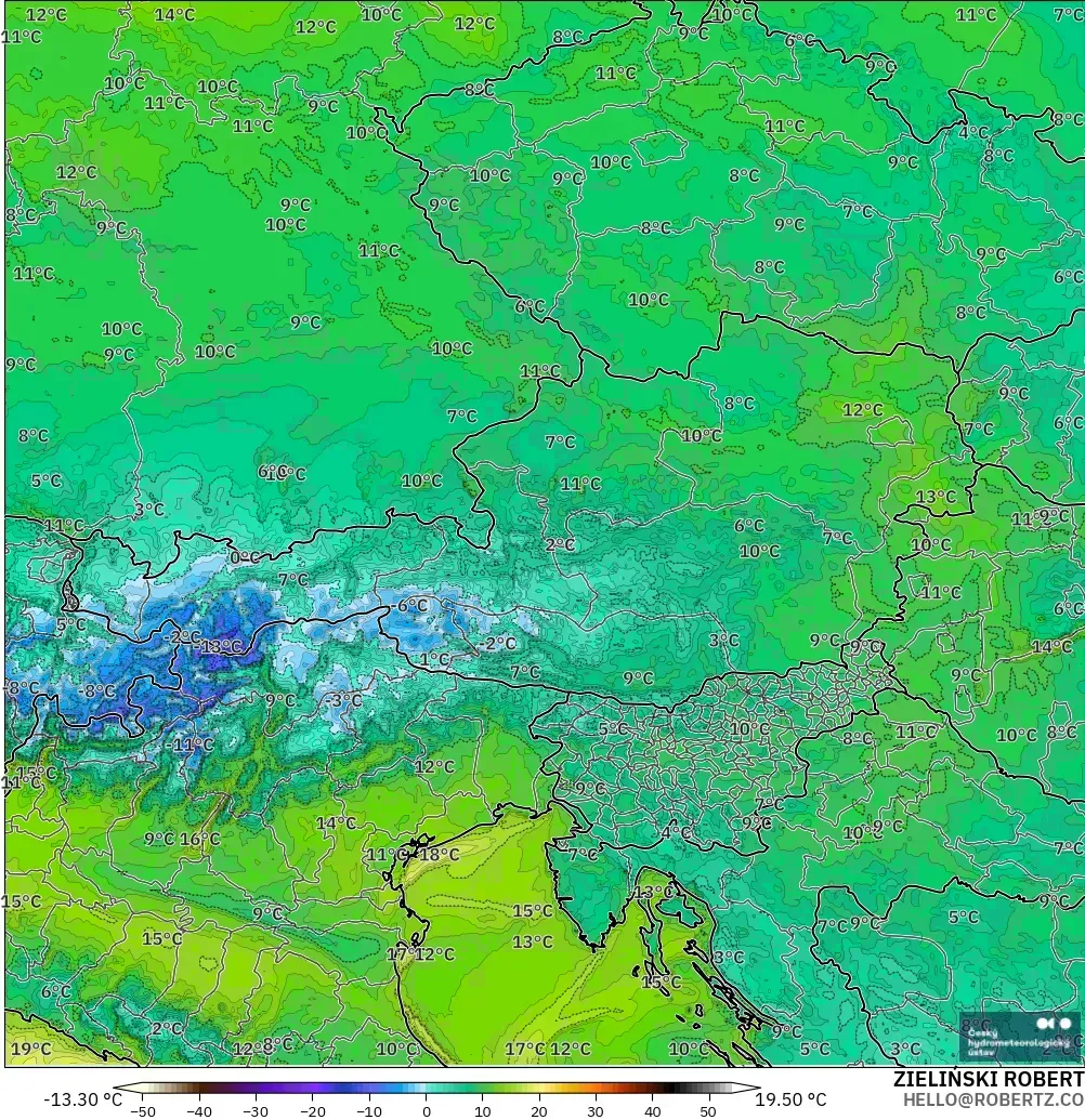ALADIN CZ 2.3 km modelo - Austria, Punto de rocío a 2 m