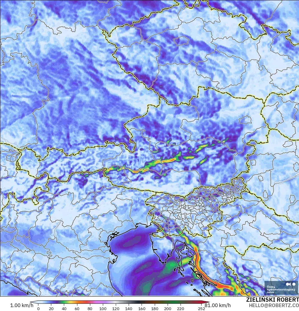 ALADIN CZ 2.3 km modelo - Austria, Ráfagas de viento