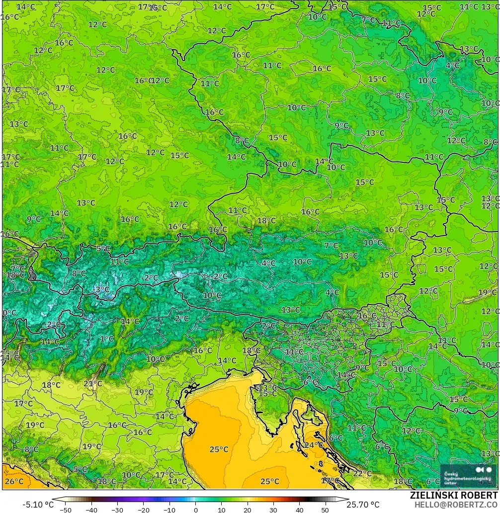 ALADIN CZ 2.3 km modelo - Austria, Temperatura a 2 m
