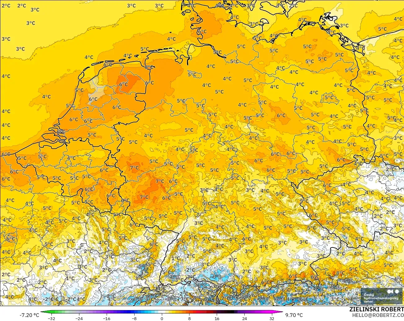 ALADIN CZ 2.3 km modelo - Alemania, Anomalía de temperatura a 2 m