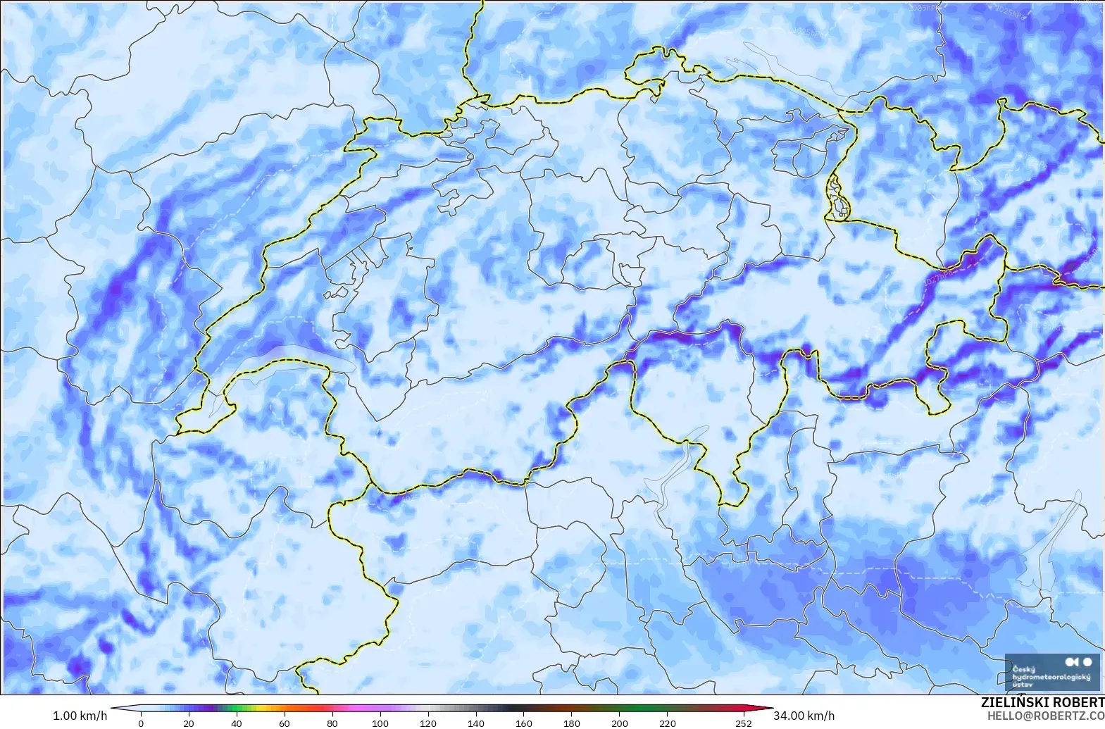 ALADIN CZ 2.3 km modelo - Suiza, Ráfagas de Viento Máximas