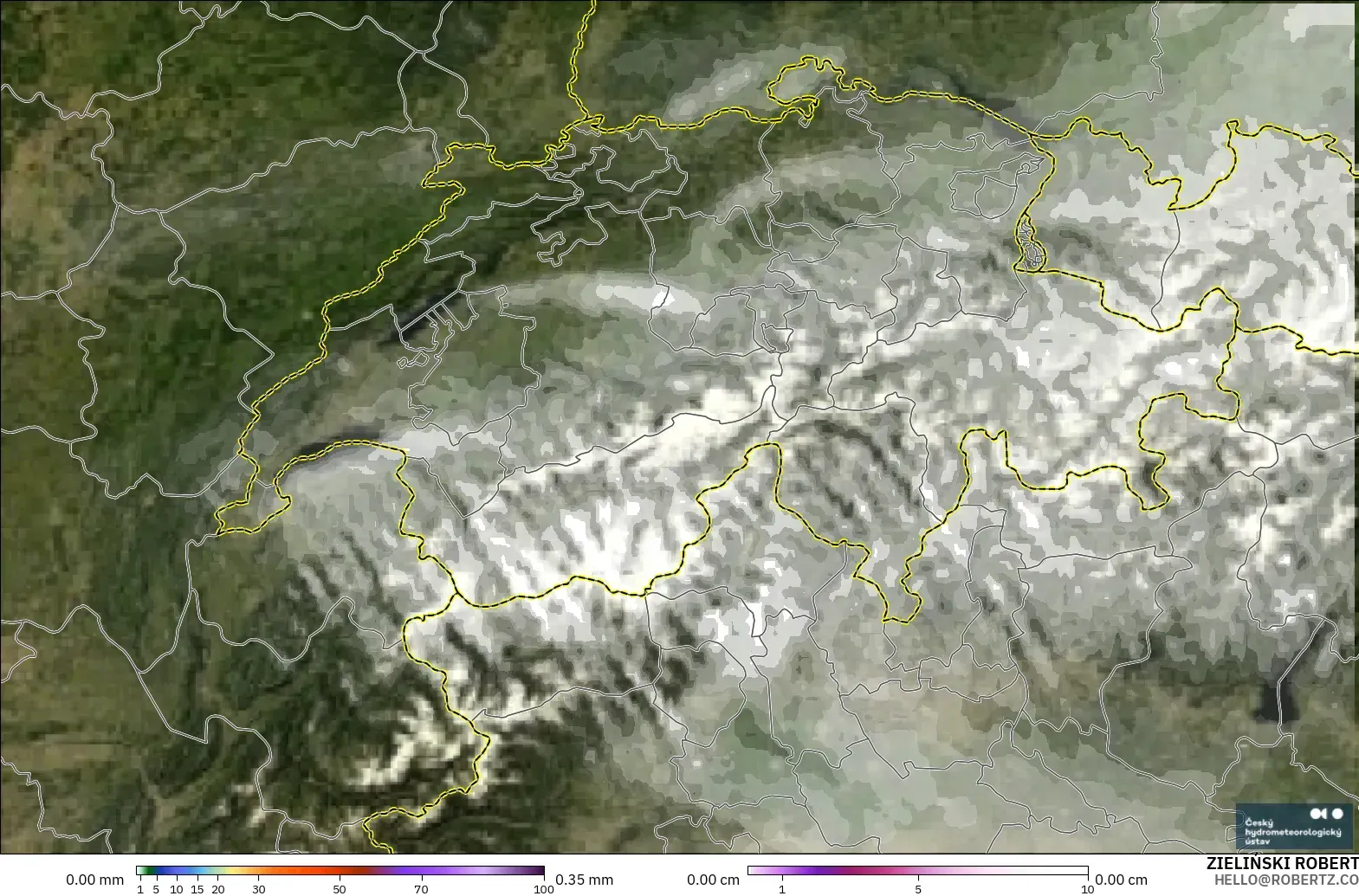 ALADIN CZ 2.3 km modelo - Suiza, Precipitación, nubes y presión