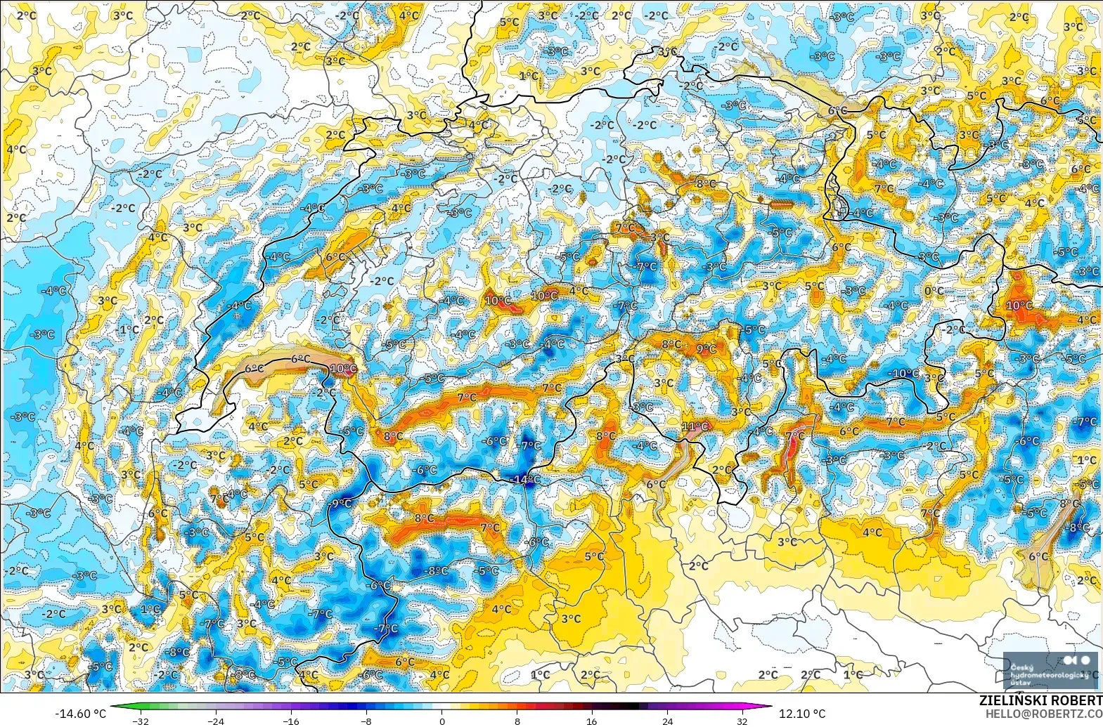 ALADIN CZ 2.3 km modelo - Suiza, Anomalía de temperatura a 2 m
