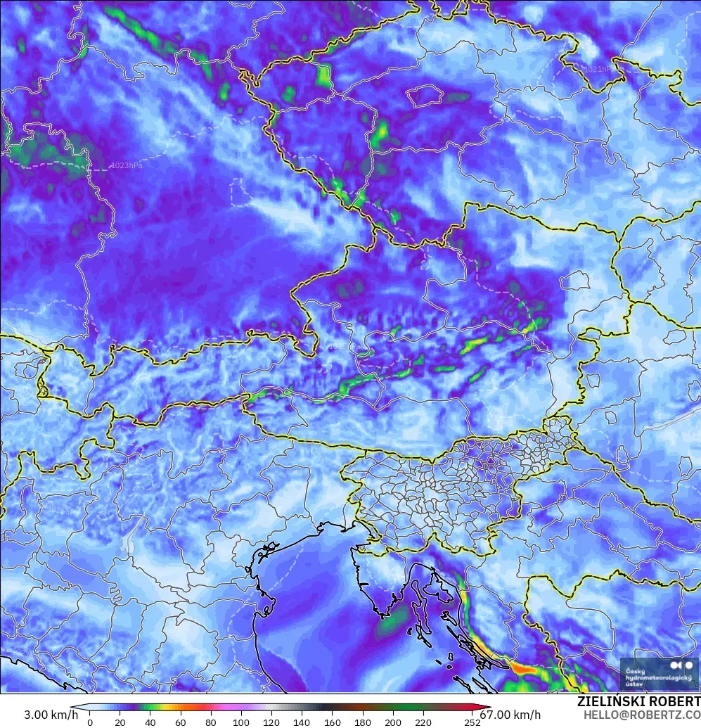 ALADIN CZ 2.3 km modelo - Austria, Ráfagas de Viento Máximas