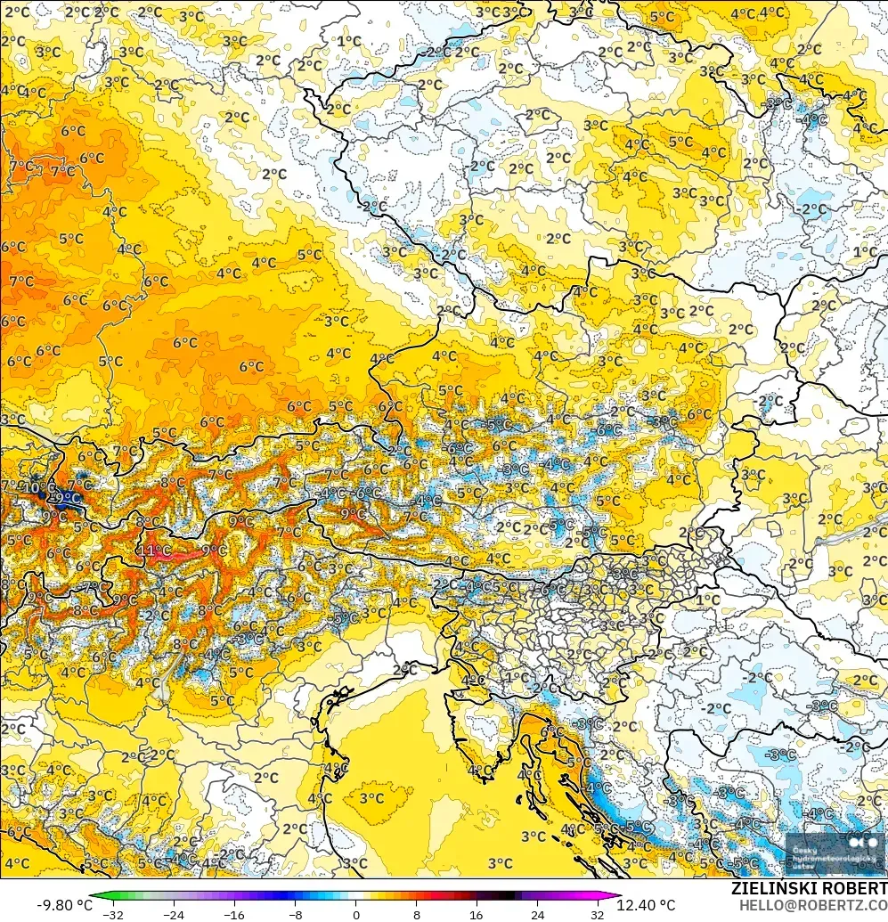 ALADIN CZ 2.3 km modelo - Austria, Anomalía de temperatura a 2 m