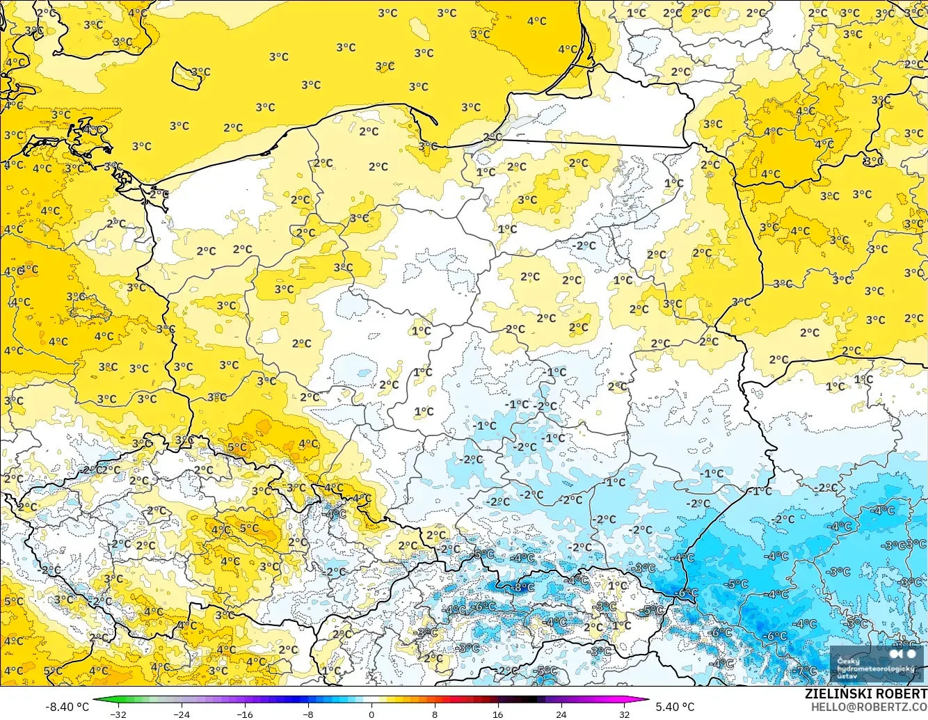 ALADIN CZ 2.3 km modelo - Polonia, Anomalía de temperatura a 2 m