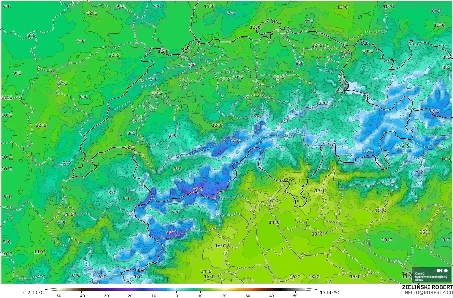 ALADIN CZ 2.3 km modelo - Suiza, Punto de rocío a 2 m