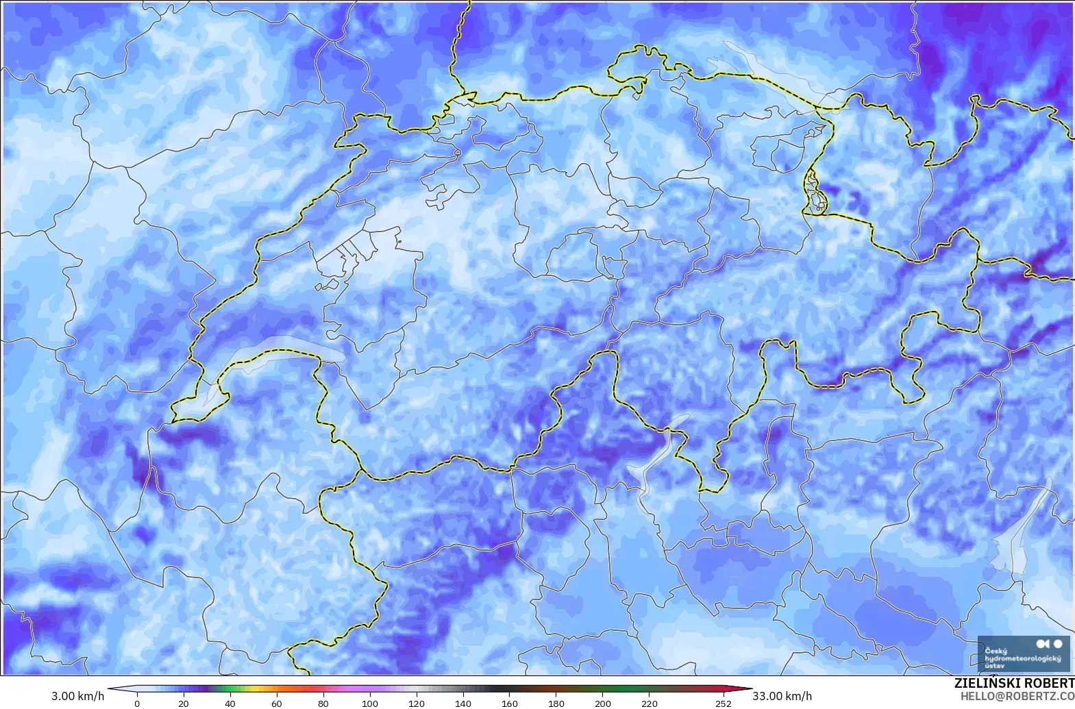 ALADIN CZ 2.3 km modelo - Suiza, Ráfagas de viento