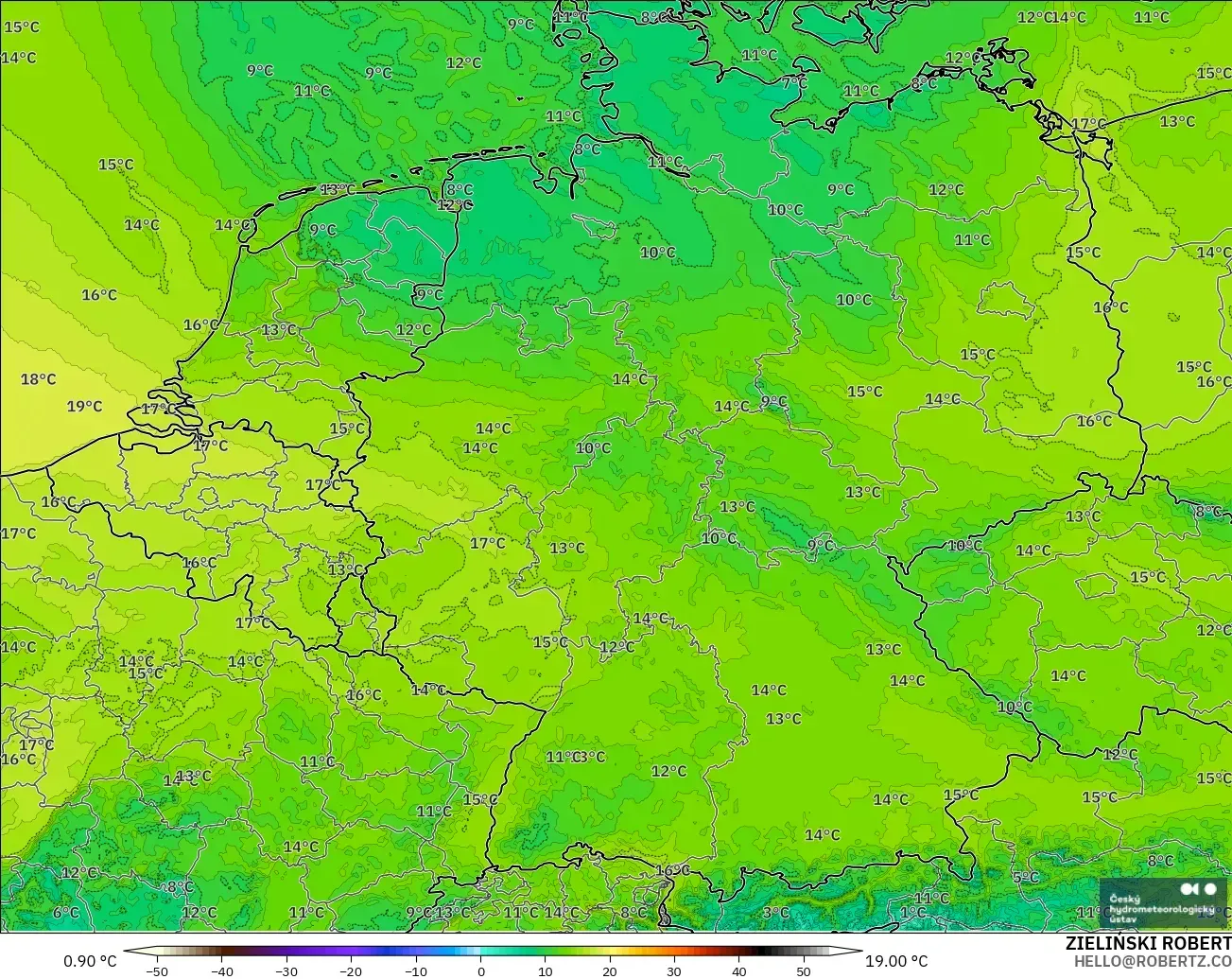 ALADIN CZ 2.3 km modelo - Alemania, Punto de rocío a 2 m