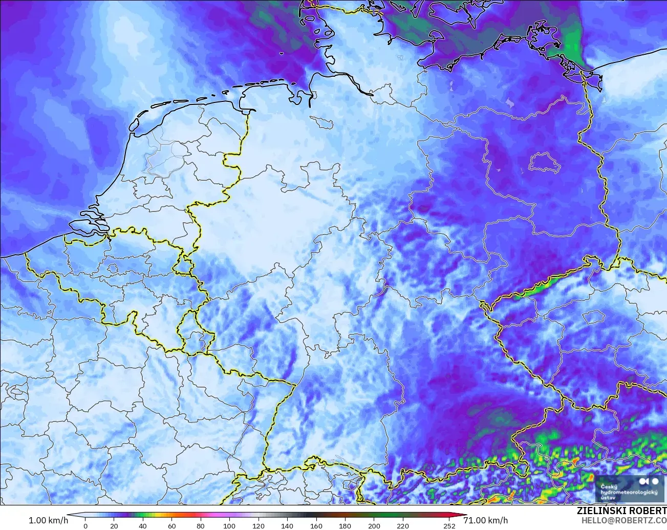 ALADIN CZ 2.3 km modelo - Alemania, Ráfagas de viento