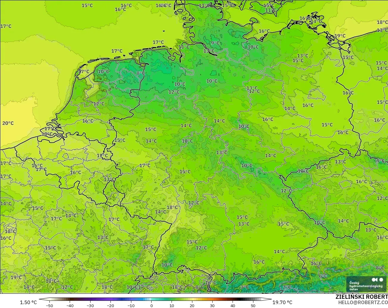 ALADIN CZ 2.3 km modelo - Alemania, Temperatura a 2 m