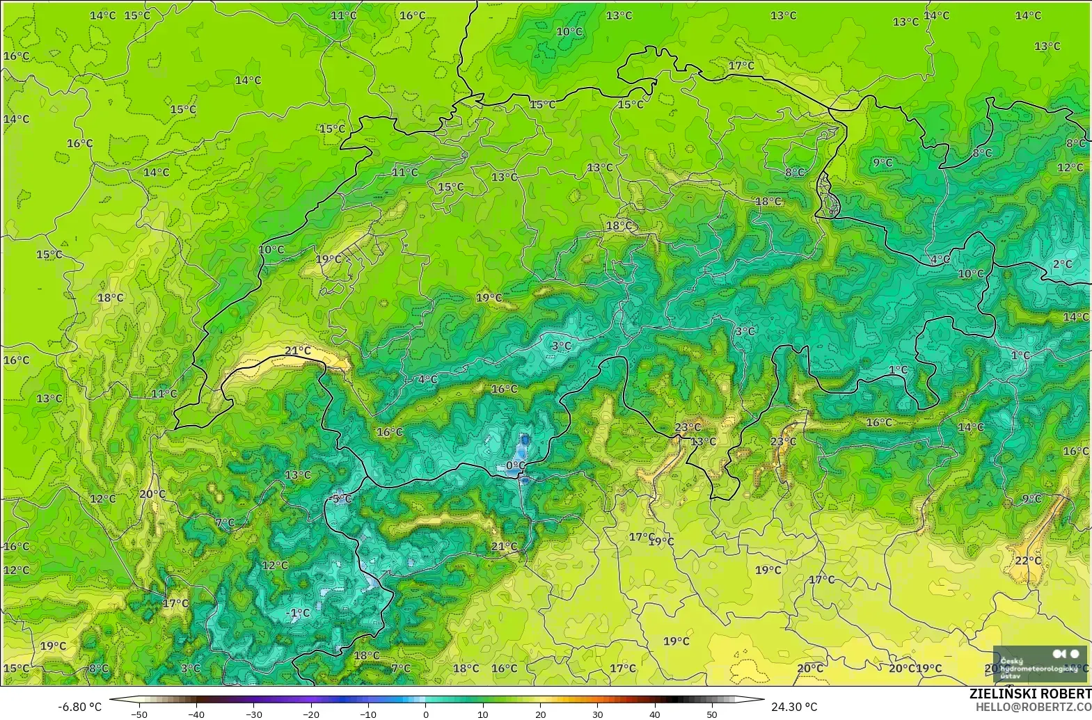 ALADIN CZ 2.3 km modelo - Suiza, Temperatura a 2 m