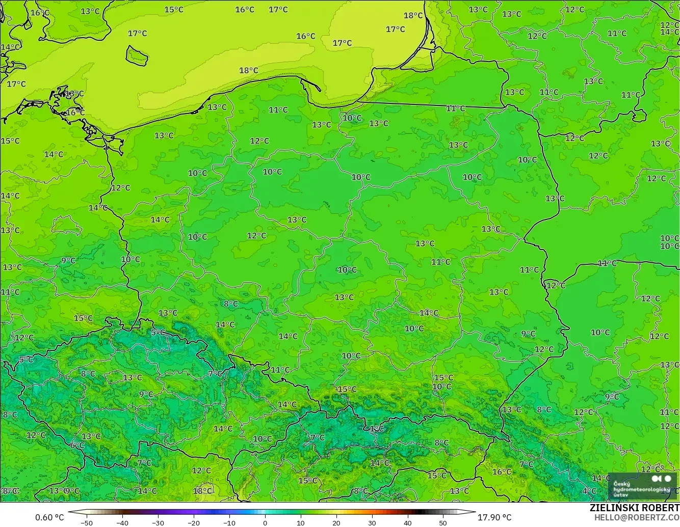 ALADIN CZ 2.3 km modelo - Polonia, Temperatura a 2 m