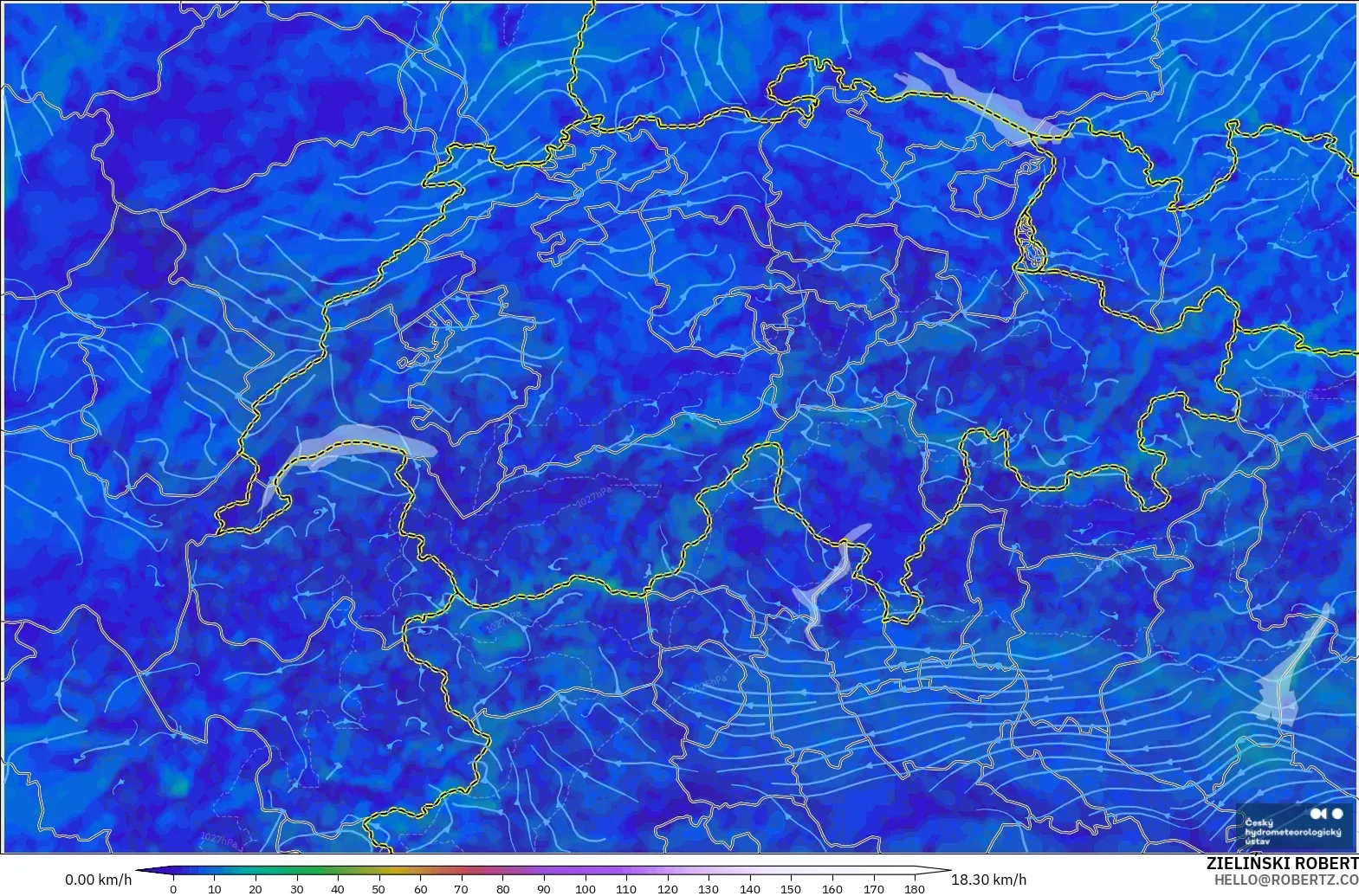 ALADIN CZ 2.3 km modelo - Suiza, Viento a 10 m