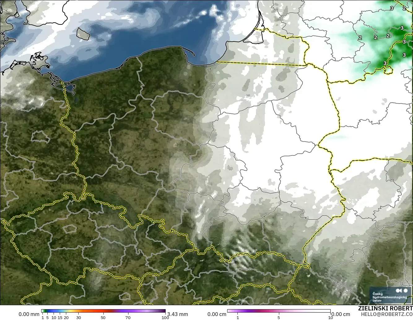 ALADIN CZ 2.3 km modelo - Polonia, Precipitación, nubes y presión