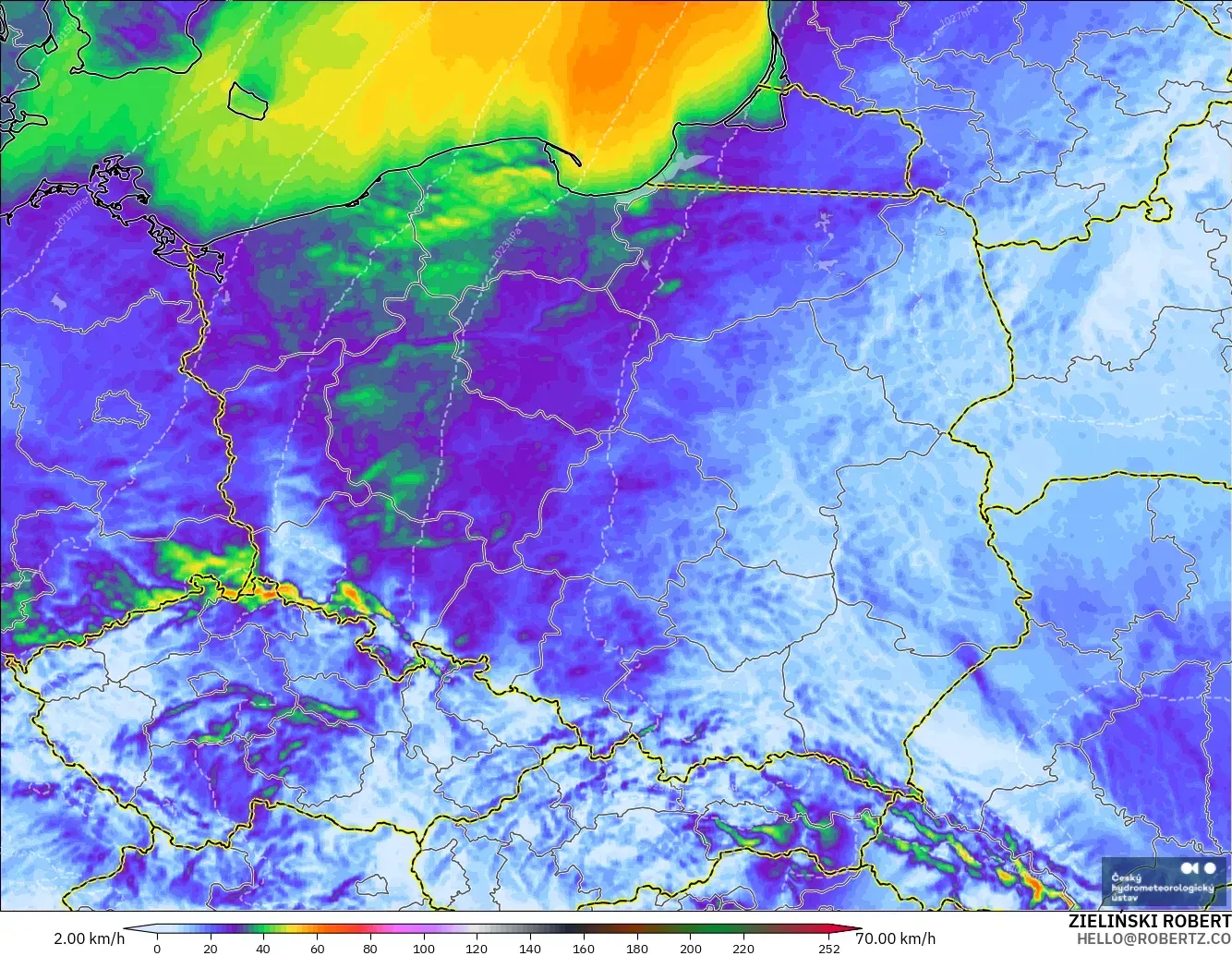 ALADIN CZ 2.3 km modelo - Polonia, Ráfagas de Viento Máximas