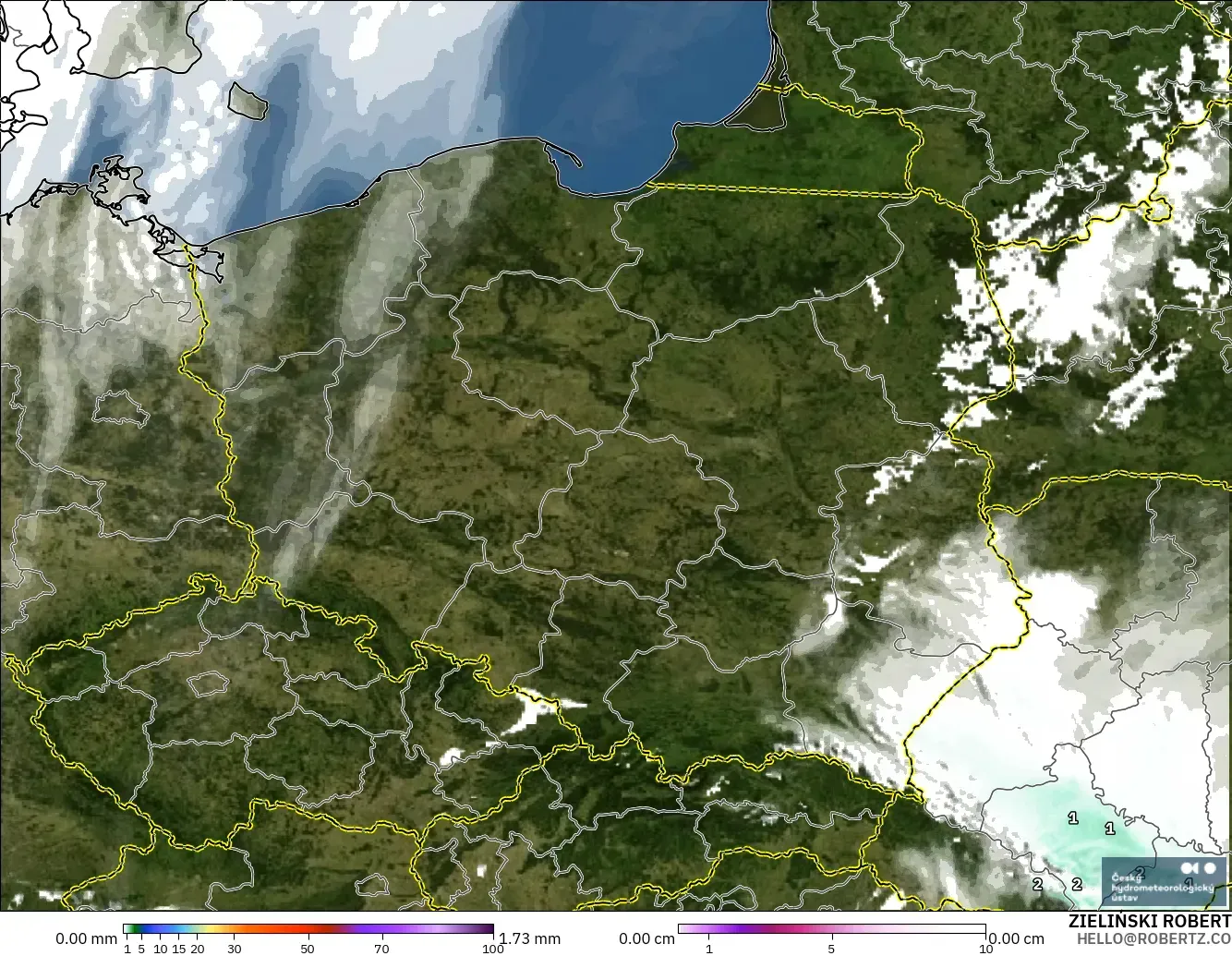 ALADIN CZ 2.3 km modelo - Polonia, Precipitación, nubes y presión