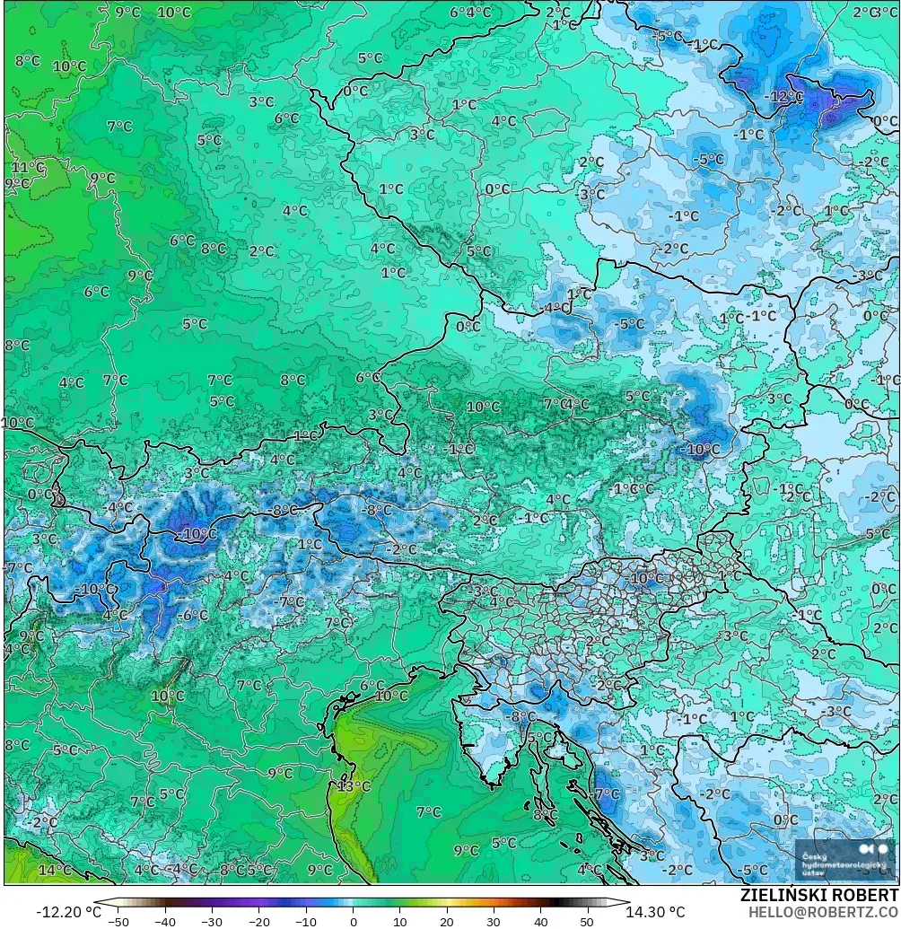 ALADIN CZ 2.3 km modelo - Austria, Punto de rocío a 2 m