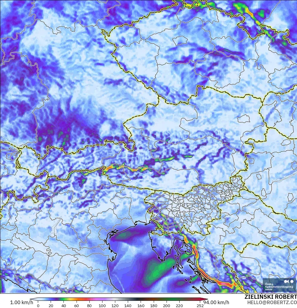 ALADIN CZ 2.3 km modelo - Austria, Ráfagas de viento