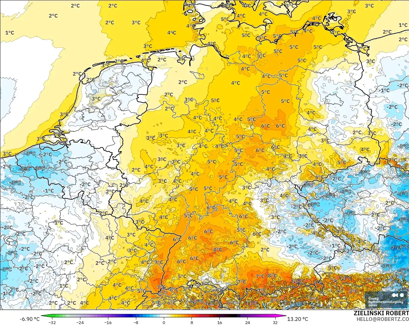 ALADIN CZ 2.3 km modelo - Alemania, Anomalía de temperatura a 2 m