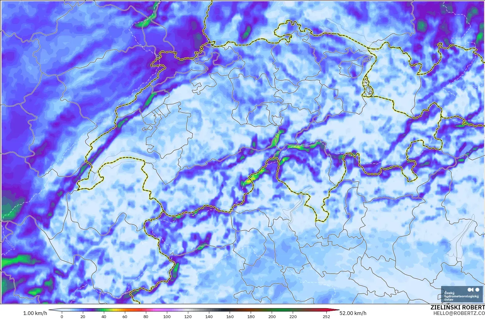 ALADIN CZ 2.3 km modelo - Suiza, Ráfagas de Viento Máximas