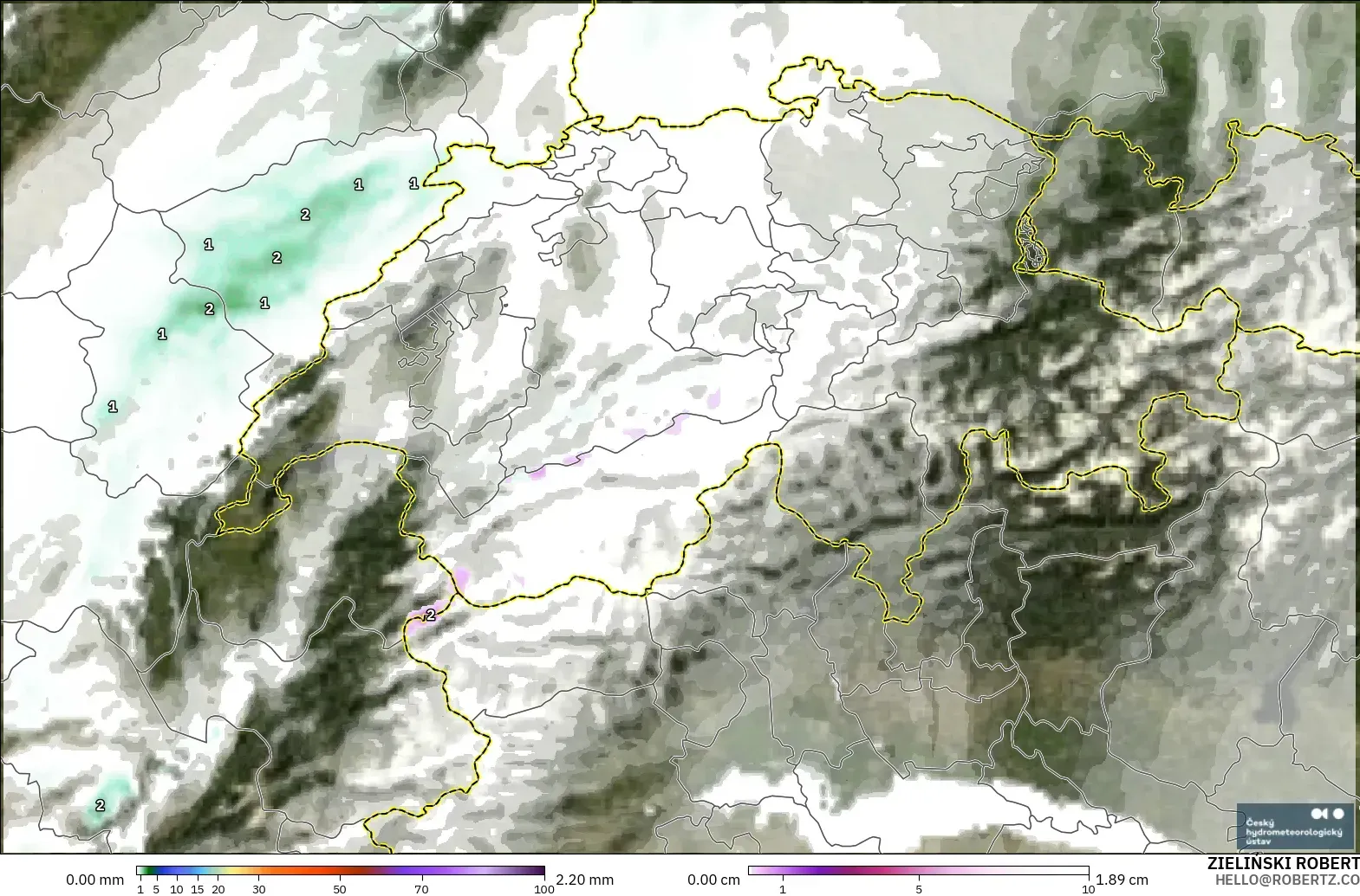 ALADIN CZ 2.3 km modelo - Suiza, Precipitación, nubes y presión