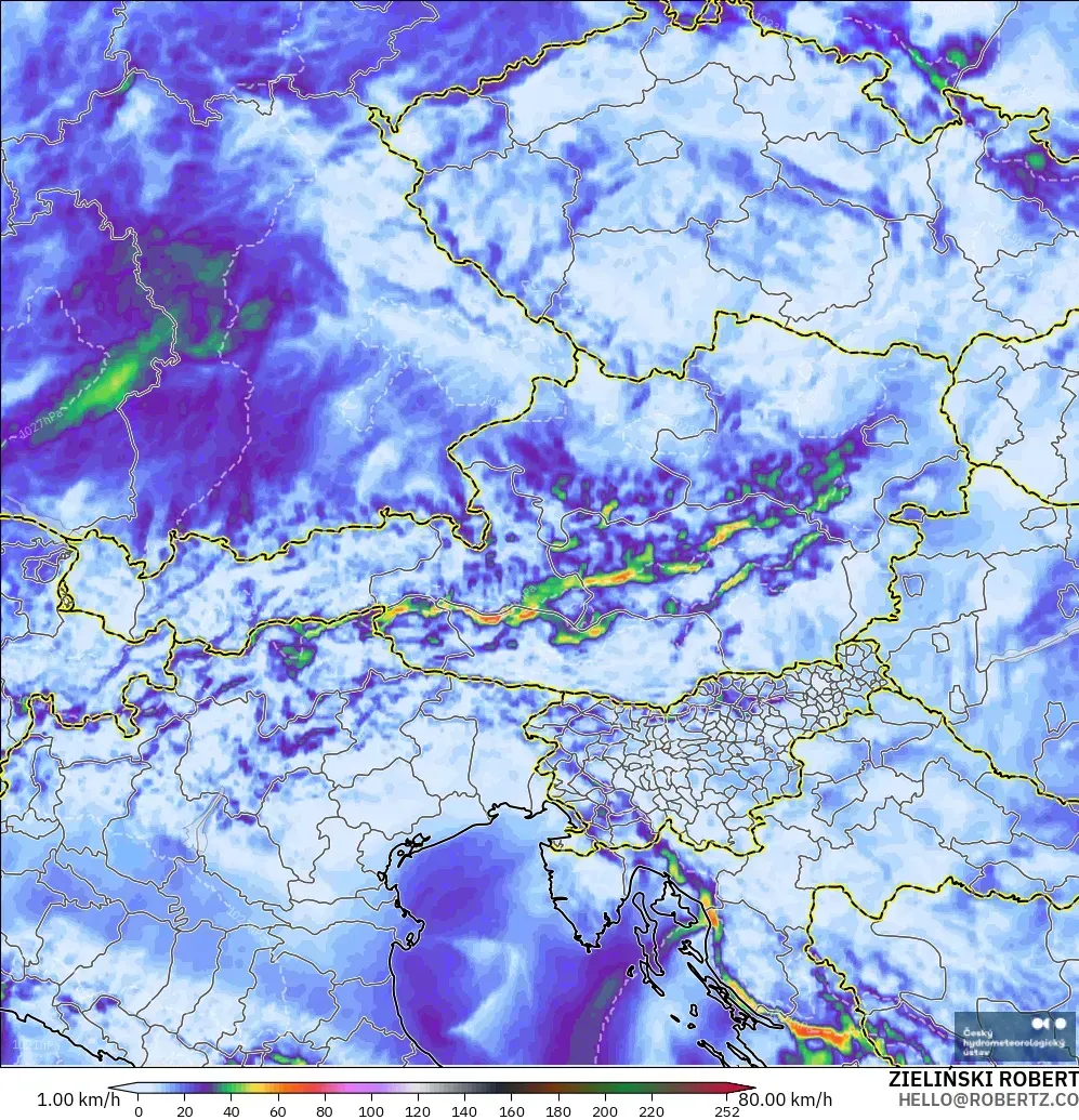 ALADIN CZ 2.3 km modelo - Austria, Ráfagas de Viento Máximas
