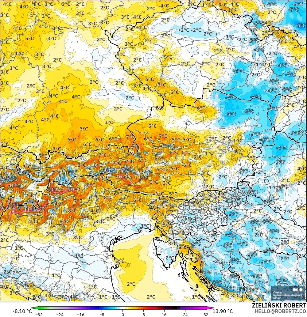 ALADIN CZ 2.3 km modelo - Austria, Anomalía de temperatura a 2 m