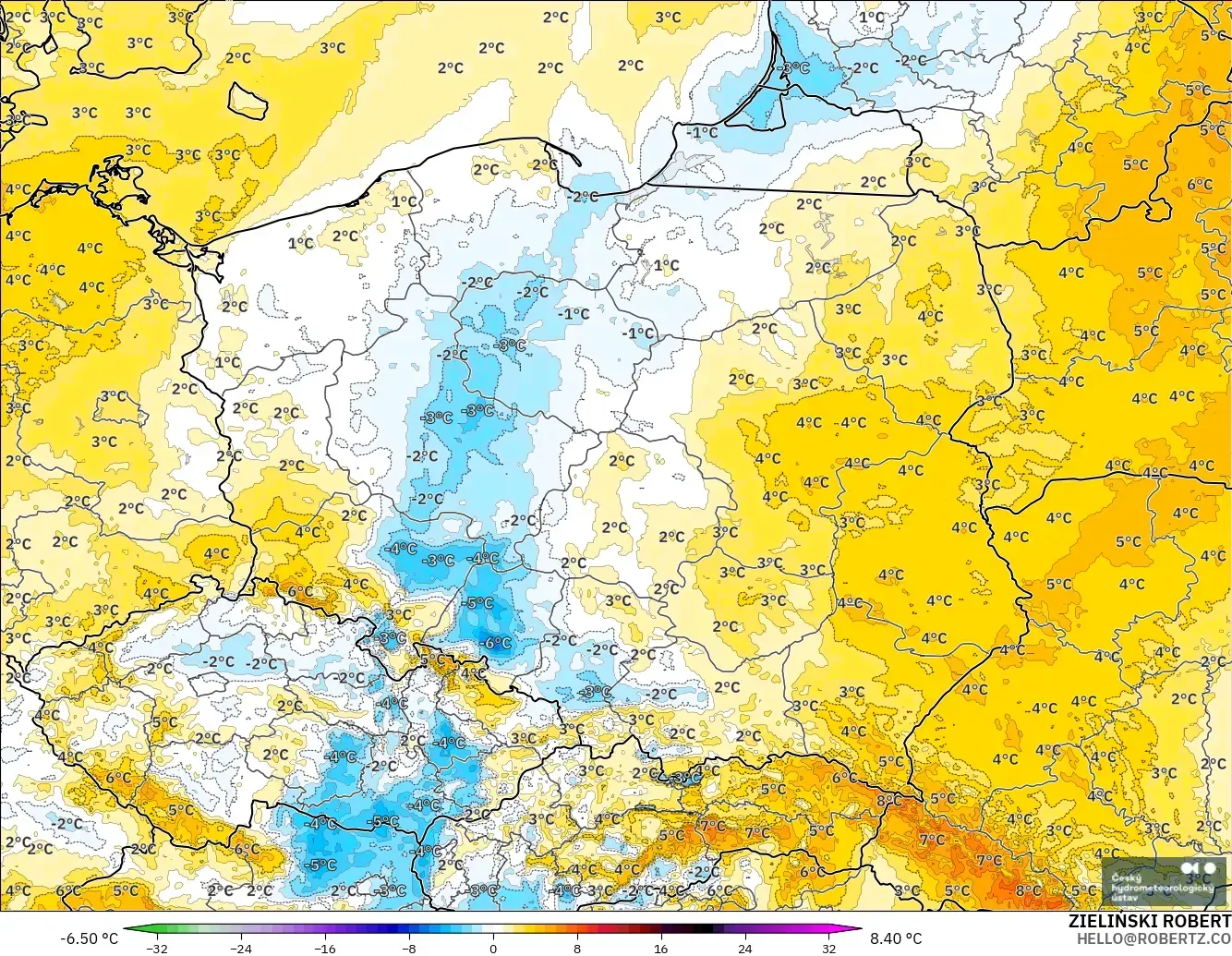 ALADIN CZ 2.3 km modelo - Polonia, Anomalía de temperatura a 2 m