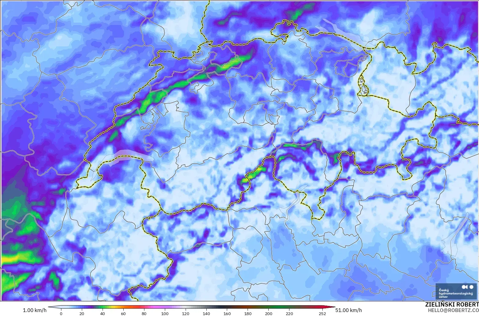 ALADIN CZ 2.3 km modelo - Suiza, Ráfagas de viento
