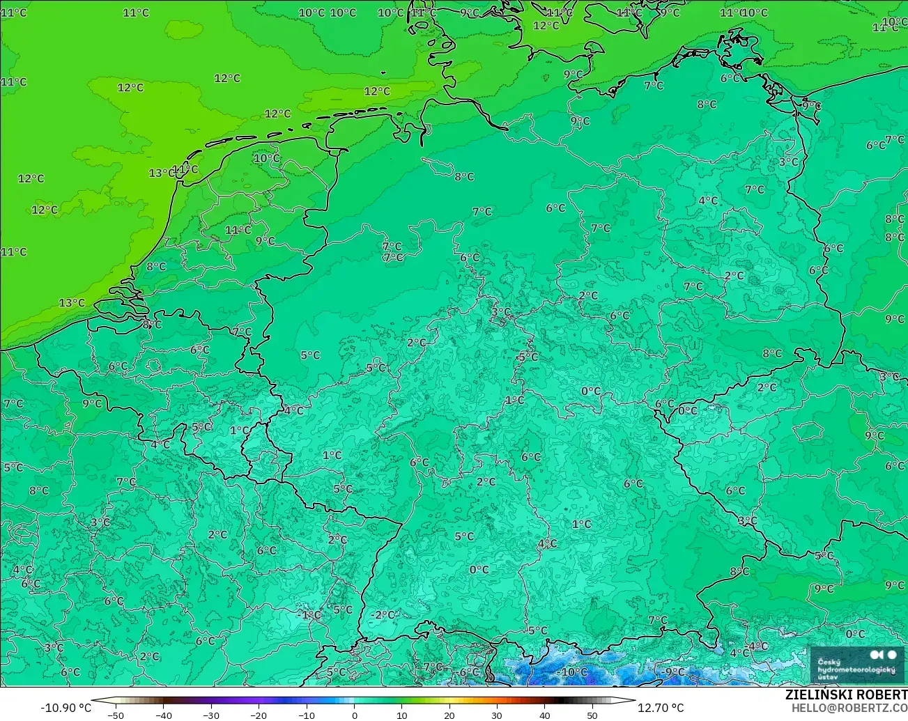 ALADIN CZ 2.3 km modelo - Alemania, Punto de rocío a 2 m