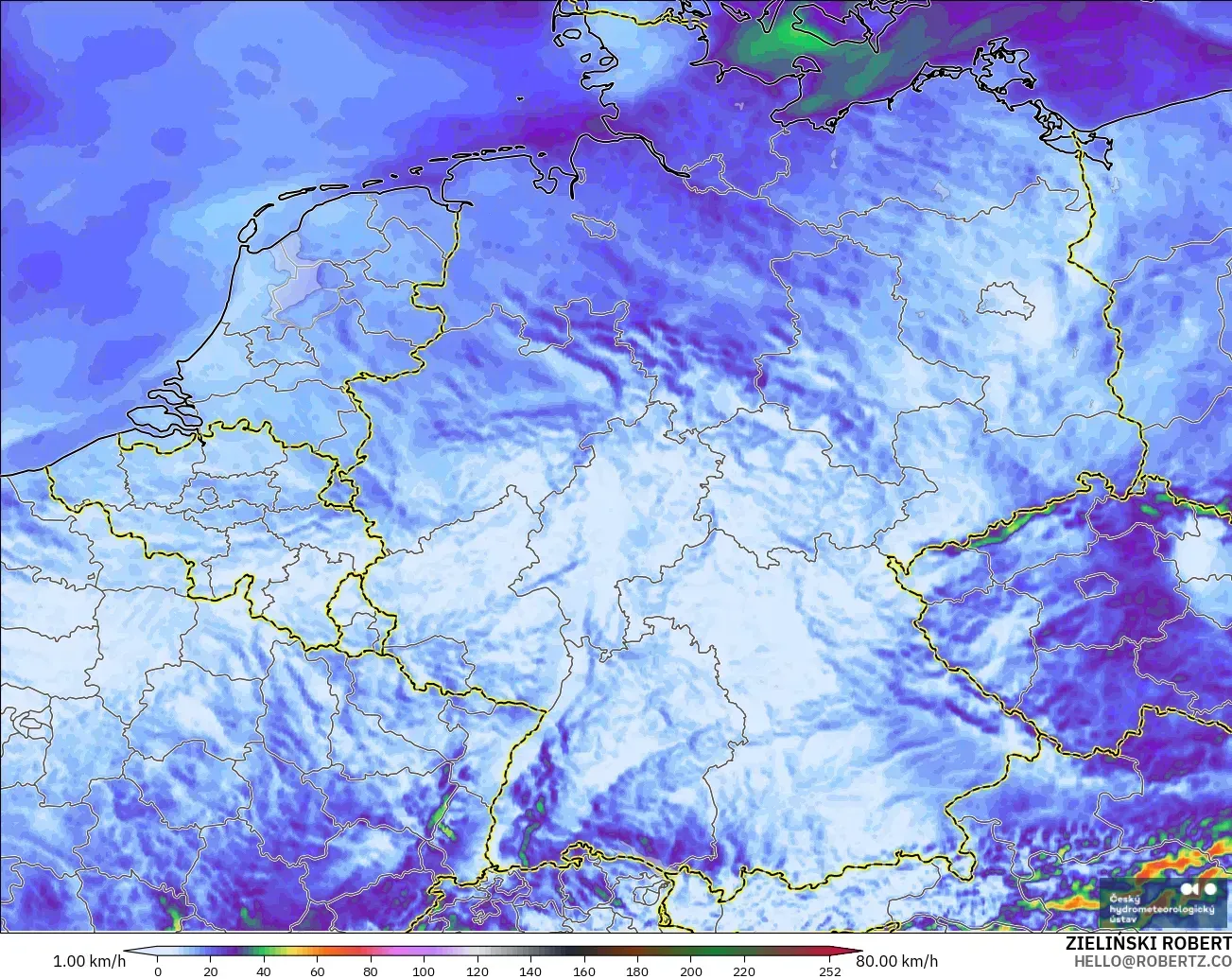 ALADIN CZ 2.3 km modelo - Alemania, Ráfagas de viento