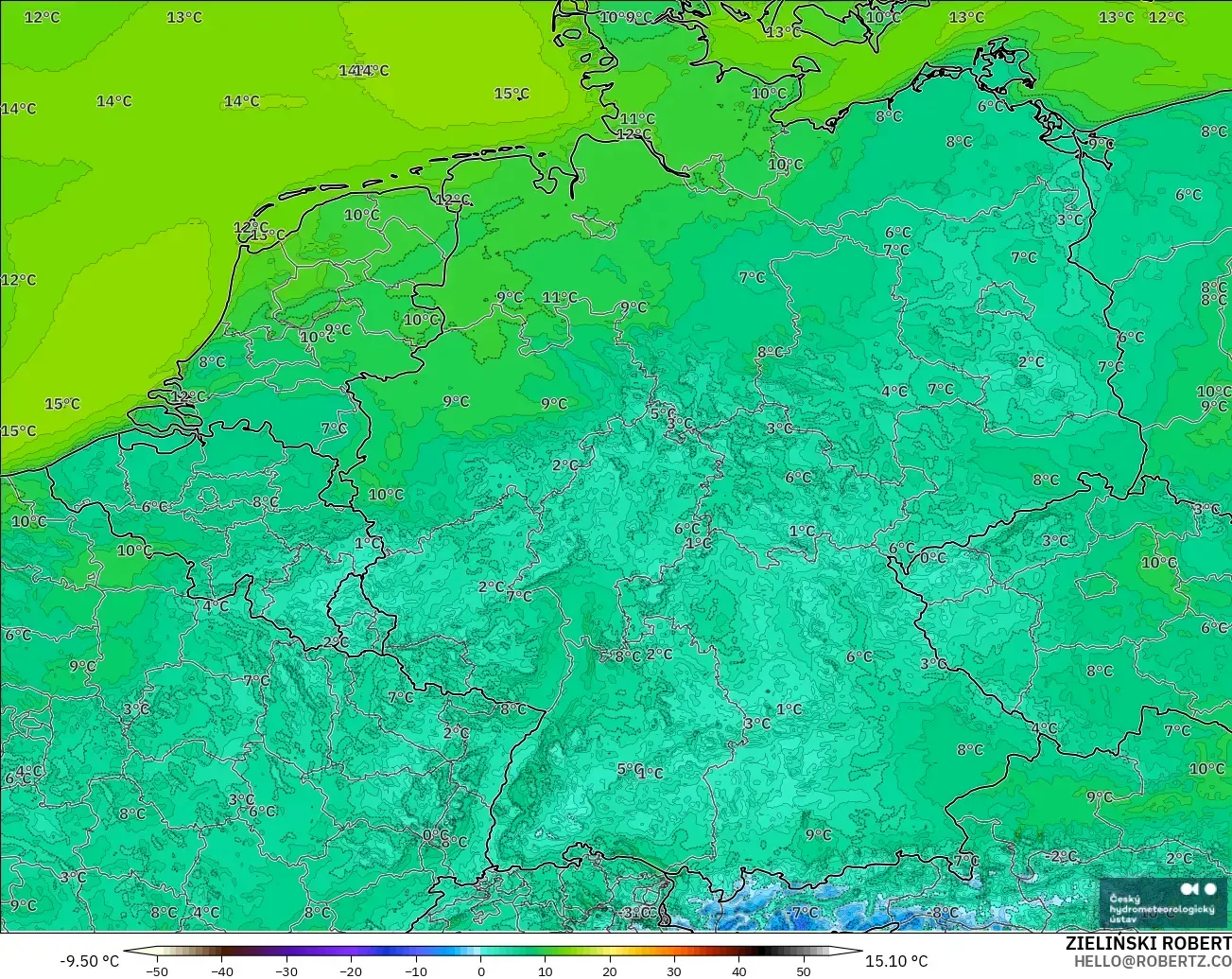 ALADIN CZ 2.3 km modelo - Alemania, Temperatura a 2 m