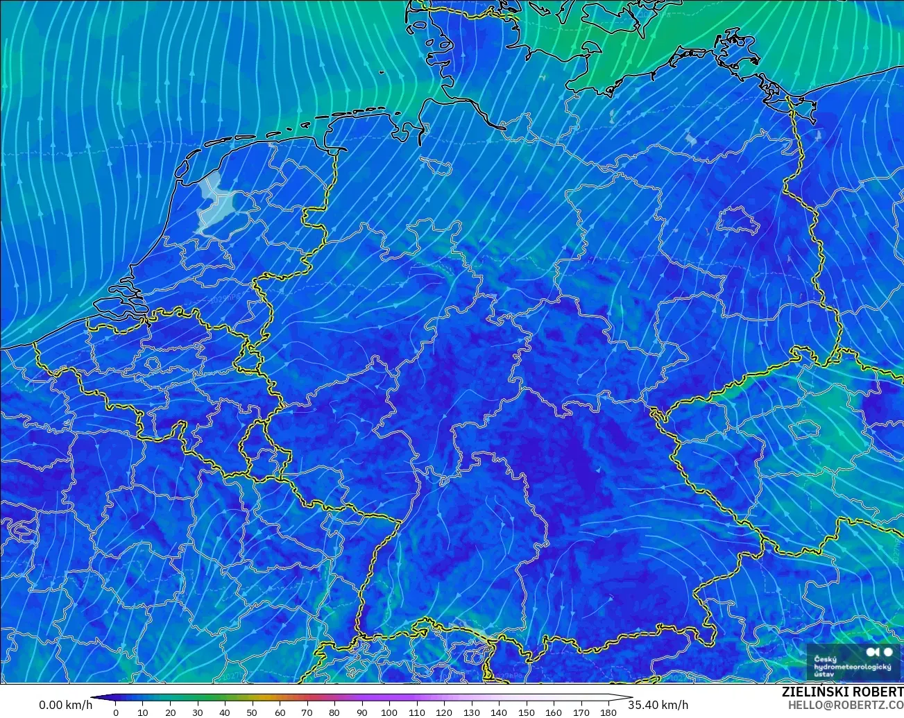 ALADIN CZ 2.3 km modelo - Alemania, Viento a 10 m