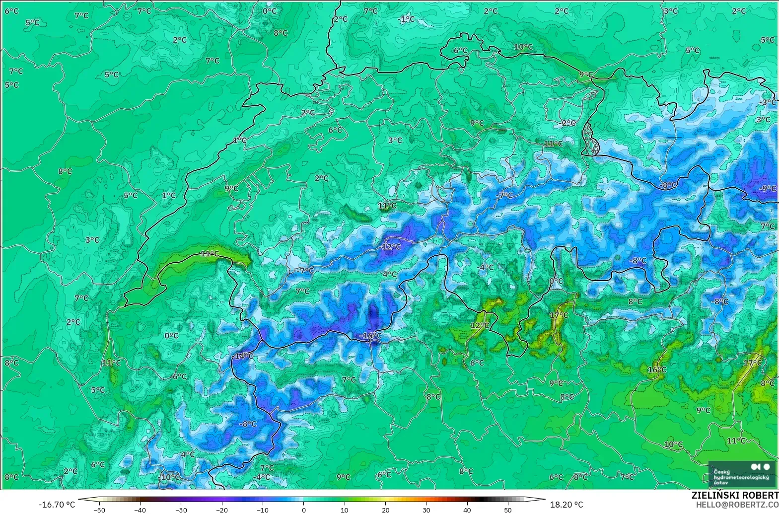 ALADIN CZ 2.3 km modelo - Suiza, Temperatura a 2 m