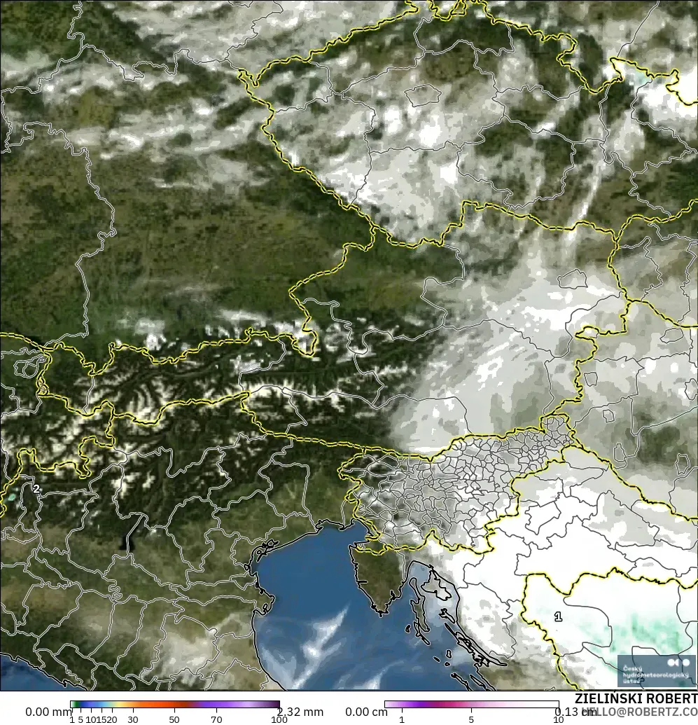 ALADIN CZ 2.3 km modelo - Austria, Precipitación, nubes y presión