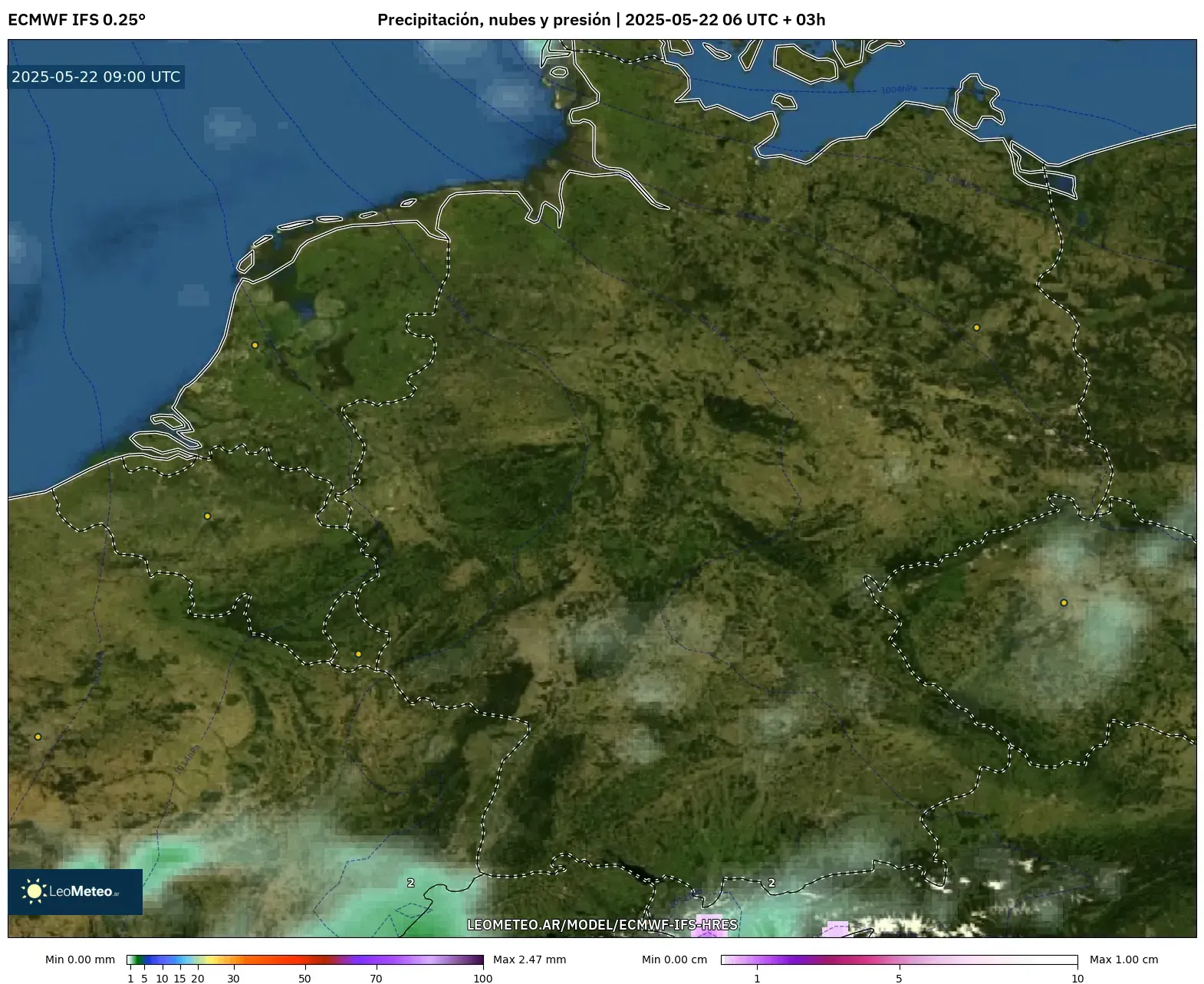 ECMWF IFS 0.25° model - Alemania, Precipitación, nubes y presión